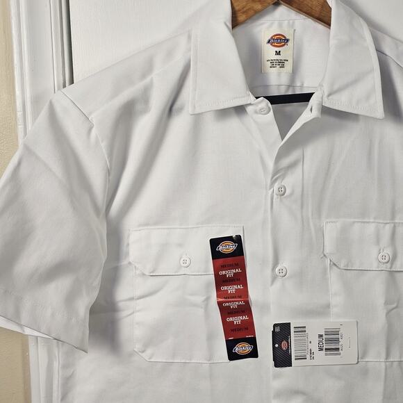 NwT Dickies Original Fit Men White Work Button Down Shirt Company Logo Utility M - Picture 2 of 4